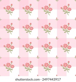 Vector pattern of fabric, wallpaper, wrapping paper. It is continuous and can be made in any size and repeated. The cute style is a pink plaid pattern with cute flowers.