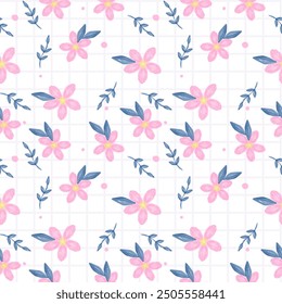 Vector pattern of fabric, wallpaper, wrapping paper. It is continuous and can be made in any size and repeated. The cute style is a white grid pattern with cute pink flowers.