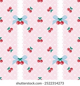 Vector pattern of the fabric, wallpaper, wrapping paper, mats, and bed sheets.Continuous and repeatable.Cute style.Red cherry pattern with bow and lace decoration and diamond shape intersecting lines.