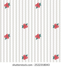 Patrón de Vector de la tela, Fondo de pantalla, papel de embalaje, esteras y sábanas. Continuo y repetible. Lindo estilo. Decorado con bonitas bayas rojas, hojas Pequeñas y líneas de Vertical.