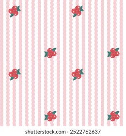 Patrón de Vector de la tela, Fondo de pantalla, papel de embalaje, esteras y sábanas. Continuo y repetible. Lindo estilo. Decorado con bonitas bayas rojas, hojas Pequeñas y líneas de Vertical.