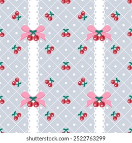 Vector pattern of the fabric, wallpaper, wrapping paper, mats, and bed sheets.Continuous and repeatable.Cute style.Red cherry pattern with bow and lace decoration and diamond shape intersecting lines.