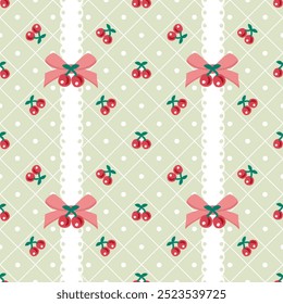 Vector pattern of the fabric, wallpaper, wrapping paper, mats, and bed sheets.Continuous and repeatable.Cute style.Red cherry pattern with bow and lace decoration and diamond shape intersecting lines.