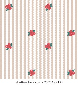 Patrón de Vector de la tela, Fondo de pantalla, papel de embalaje, esteras y sábanas. Continuo y repetible. Lindo estilo. Decorado con bonitas bayas rojas, hojas Pequeñas y líneas de Vertical.