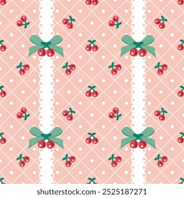 Vector pattern of the fabric, wallpaper, wrapping paper, mats, and bed sheets.Continuous and repeatable.Cute style.Red cherry pattern with bow and lace decoration and diamond shape intersecting lines.