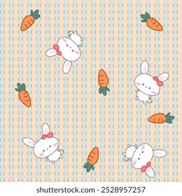Vector pattern of fabric, wallpaper, wrapping paper, mats and bed sheets. Continuous and repeatable. Cute style. Illustration of a white rabbit tied with a bow and decorated with empty carrots.