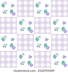 Vector pattern of fabric, wallpaper, wrapping paper, mats, curtains and bed sheets. Continuous and repeatable. Cute style. Floral illustration. Alternate plaid grid.