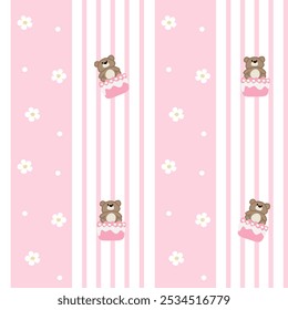 Vector pattern of fabric, wallpaper, wrapping paper, mats and bed sheets. Continuous and repeatable. Cute style. Illustration of a bear cake with flowers on the background and vertical lines.