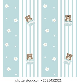 Vector pattern of fabric, wallpaper, wrapping paper, mats and bed sheets. Continuous and repeatable. Cute style. Illustration of a bear cake with flowers on the background and vertical lines.