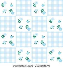 Vector pattern of fabric, wallpaper, wrapping paper, mats, curtains and bed sheets. Continuous and repeatable. Cute style. Floral illustration. Alternate plaid grid.