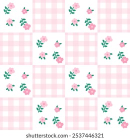 Vector pattern of fabric, wallpaper, wrapping paper, mats, curtains and bed sheets. Continuous and repeatable. Cute style. Floral illustration. Alternate plaid grid.