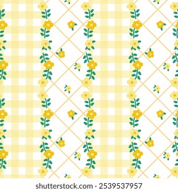 Vector pattern of fabric, wallpaper, wrapping paper, mats and bed sheets. Continuous and repeatable. Cute style. Designed in plaid alternating with small flowers and diamond-shaped horizontal grids.