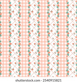 Vector pattern of fabric, wallpaper, wrapping paper, mats and bed sheets. Continuous and repeatable. Cute style. Designed in plaid alternating with small flowers and diamond-shaped horizontal grids.