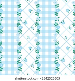 Vector pattern of fabric, wallpaper, wrapping paper, mats and bed sheets. Continuous and repeatable. Cute style. Designed in plaid alternating with small flowers and diamond-shaped horizontal grids.