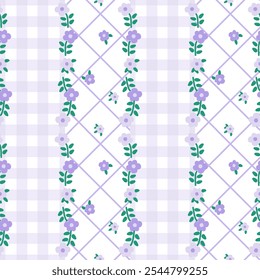 Vector pattern of fabric, wallpaper, wrapping paper, mats and bed sheets. Continuous and repeatable. Cute style. Designed in plaid alternating with small flowers and diamond-shaped horizontal grids.