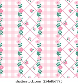 Vector pattern of fabric, wallpaper, wrapping paper, mats and bed sheets. Continuous and repeatable. Cute style. Designed in plaid alternating with small flowers and diamond-shaped horizontal grids.