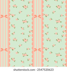 Vector pattern of fabric, wallpaper, wrapping paper, mats and bed sheets. Continuous and repeatable. Cute style. Designed with roses, bows and straight lines.