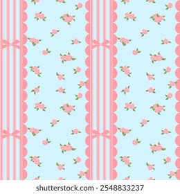 Vector pattern of fabric, wallpaper, wrapping paper, mats and bed sheets. Continuous and repeatable. Cute style. Designed with roses, bows and straight lines.