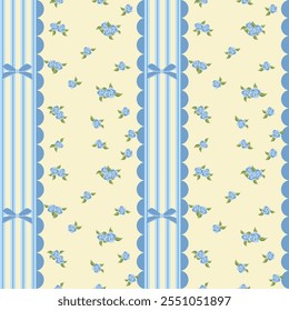 Vector pattern of fabric, wallpaper, wrapping paper, mats and bed sheets. Continuous and repeatable. Cute style. Designed with roses, bows and straight lines.