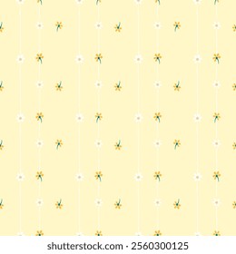 Vector pattern of fabric, wallpaper, wrapping paper, mats and bed sheets. Continuous in various sizes and repeatable. Cute style. Vertical stripes are wavy lines. Decorated with cute flowers.