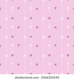 Vector pattern of fabric, wallpaper, wrapping paper, mats and bed sheets. Continuous in various sizes and repeatable. Cute style. Vertical stripes are wavy lines. Decorated with cute flowers.