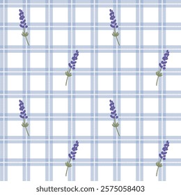 Vector pattern of fabric, wallpaper, wrapping paper, mats and bed sheets. Continuous in various sizes and repeatable. Cute style. Plaid pattern with lavender flowers.