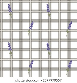 Vector pattern of fabric, wallpaper, wrapping paper, mats and bed sheets. Continuous in various sizes and repeatable. Cute style. Plaid pattern with lavender flowers.