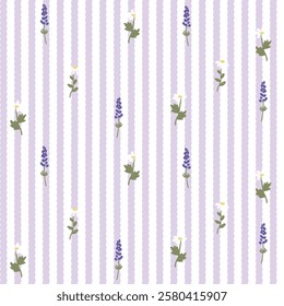 Vector pattern of fabric, wallpaper, wrapping paper, mats and bed sheets. Continuous in various sizes and repeatable. Cute style. Vertical wavy lines decorated with cute daisy and lavender flowers.