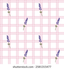 Vector pattern of fabric, wallpaper, wrapping paper, mats and bed sheets. Continuous in various sizes and repeatable. Cute style. Plaid pattern with lavender flowers.