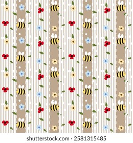 Vector pattern of fabric, wallpaper, wrapping paper, mats and bed sheets. Continuous in various sizes and repeatable. Cute style. Vertical wavy lines. Decorated with cute flowers and bees.