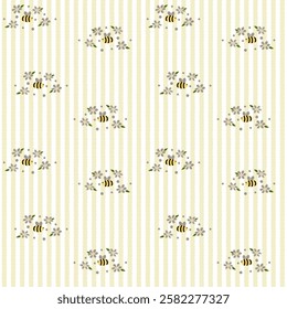 Vector pattern of fabric, wallpaper, wrapping paper, mats and bed sheets. Continuous in various sizes and repeatable. Cute style. Vertical wavy lines. Decorated with cute flowers and bees.