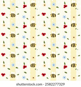 Vector pattern of fabric, wallpaper, wrapping paper, mats and bed sheets. Continuous in various sizes and repeatable. Cute style. Vertical wavy lines. Decorated with cute flowers and bees.