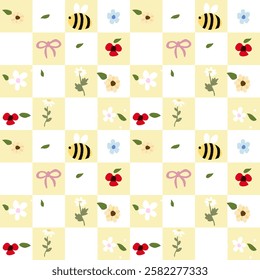 Vector pattern of fabric, wallpaper, wrapping paper, mats and bed sheets. Continuous in various sizes and repeatable. Cute style. Plaid pattern decorated with cute flowers and bees.