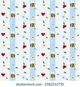 Vector pattern of fabric, wallpaper, wrapping paper, mats and bed sheets. Continuous in various sizes and repeatable. Cute style. Vertical wavy lines. Decorated with cute flowers and bees.
