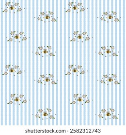 Vector pattern of fabric, wallpaper, wrapping paper, mats and bed sheets. Continuous in various sizes and repeatable. Cute style. Vertical wavy lines. Decorated with cute flowers and bees.