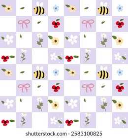 Vector pattern of fabric, wallpaper, wrapping paper, mats and bed sheets. Continuous in various sizes and repeatable. Cute style. Plaid pattern decorated with cute flowers and bees.