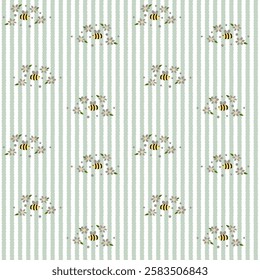 Vector pattern of fabric, wallpaper, wrapping paper, mats and bed sheets. Continuous in various sizes and repeatable. Cute style. Vertical wavy lines. Decorated with cute flowers and bees.