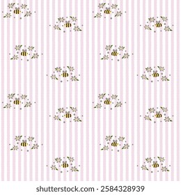 Vector pattern of fabric, wallpaper, wrapping paper, mats and bed sheets. Continuous in various sizes and repeatable. Cute style. Vertical wavy lines. Decorated with cute flowers and bees.