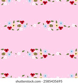 Vector pattern of fabric, wallpaper, wrapping paper, mats and bed sheets. Continuous in various sizes and repeatable. Cute style of bees and daisies.