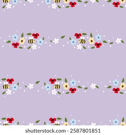 Vector pattern of fabric, wallpaper, wrapping paper, mats and bed sheets. Continuous in various sizes and repeatable. Cute style of bees and daisies.