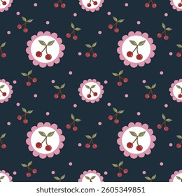 Vector pattern of fabric, wallpaper, wrapping paper, mats and bed sheets. Continuous and repeatable. Cute style. Designed with cute red cherries.