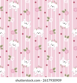 Vector pattern of fabric, wallpaper, wrapping paper, mats and bed sheets. Continuous and repeatable. Cute style. Designed with dog and rose pattern.