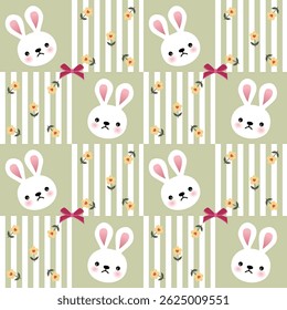 Padrão vetorial de tecido, papel de parede, papel de embrulho, esteiras e lençóis. Contínuo e repetível. Estilo bonito. Projetado com coelhos de desenho animado e rosas colocados em linhas listradas.