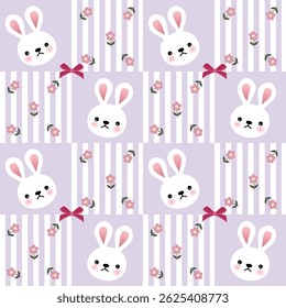Vector pattern of fabric, wallpaper, wrapping paper, mats and bed sheets. Continuous and repeatable. Cute style. Designed with cartoon rabbits and roses placed on striped lines.