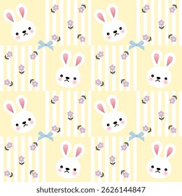 Vector pattern of fabric, wallpaper, wrapping paper, mats and bed sheets. Continuous and repeatable. Cute style. Designed with cartoon rabbits and roses placed on striped lines.