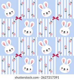 Vector pattern of fabric, wallpaper, wrapping paper, mats and bed sheets. Continuous and repeatable. Cute style. Designed with cartoon rabbits and roses placed on striped lines.