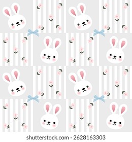 Vector pattern of fabric, wallpaper, wrapping paper, mats and bed sheets. Continuous and repeatable. Cute style. Designed with cartoon rabbits and roses placed on striped lines.