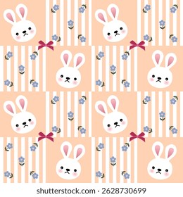 Vector pattern of fabric, wallpaper, wrapping paper, mats and bed sheets. Continuous and repeatable. Cute style. Designed with cartoon rabbits and roses placed on striped lines.