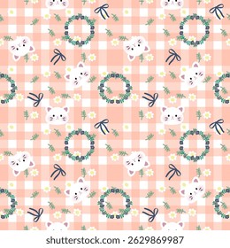 Vector pattern of fabric, wallpaper, wrapping paper, mats and bed sheets. Continuous and repeatable. Designed with flower wreath and cartoon cat. Cute style.