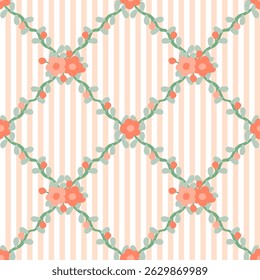Vector pattern of fabric, wallpaper, wrapping paper, mats and bed sheets. Continuous and repeatable. Designed with vertical straight lines alternating with cut vine flowers. Cute style.